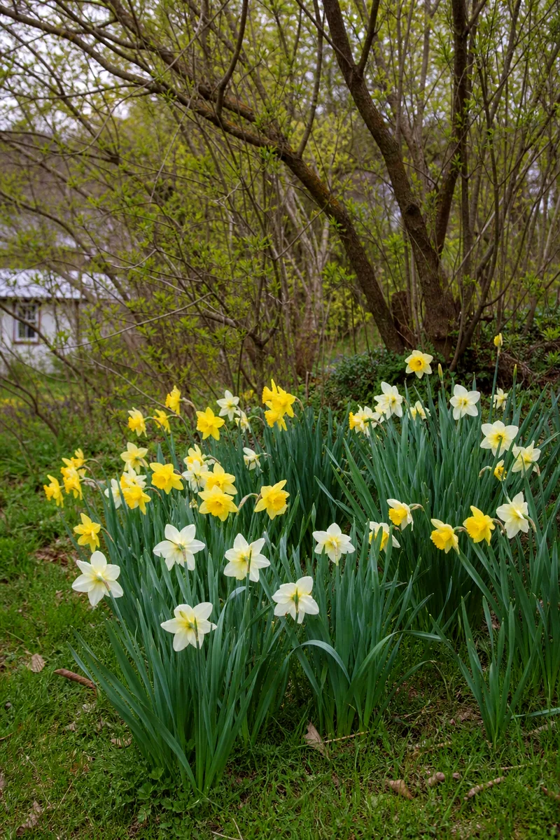 Yellow and white daffodils blooming on a grassy slope under shrubs