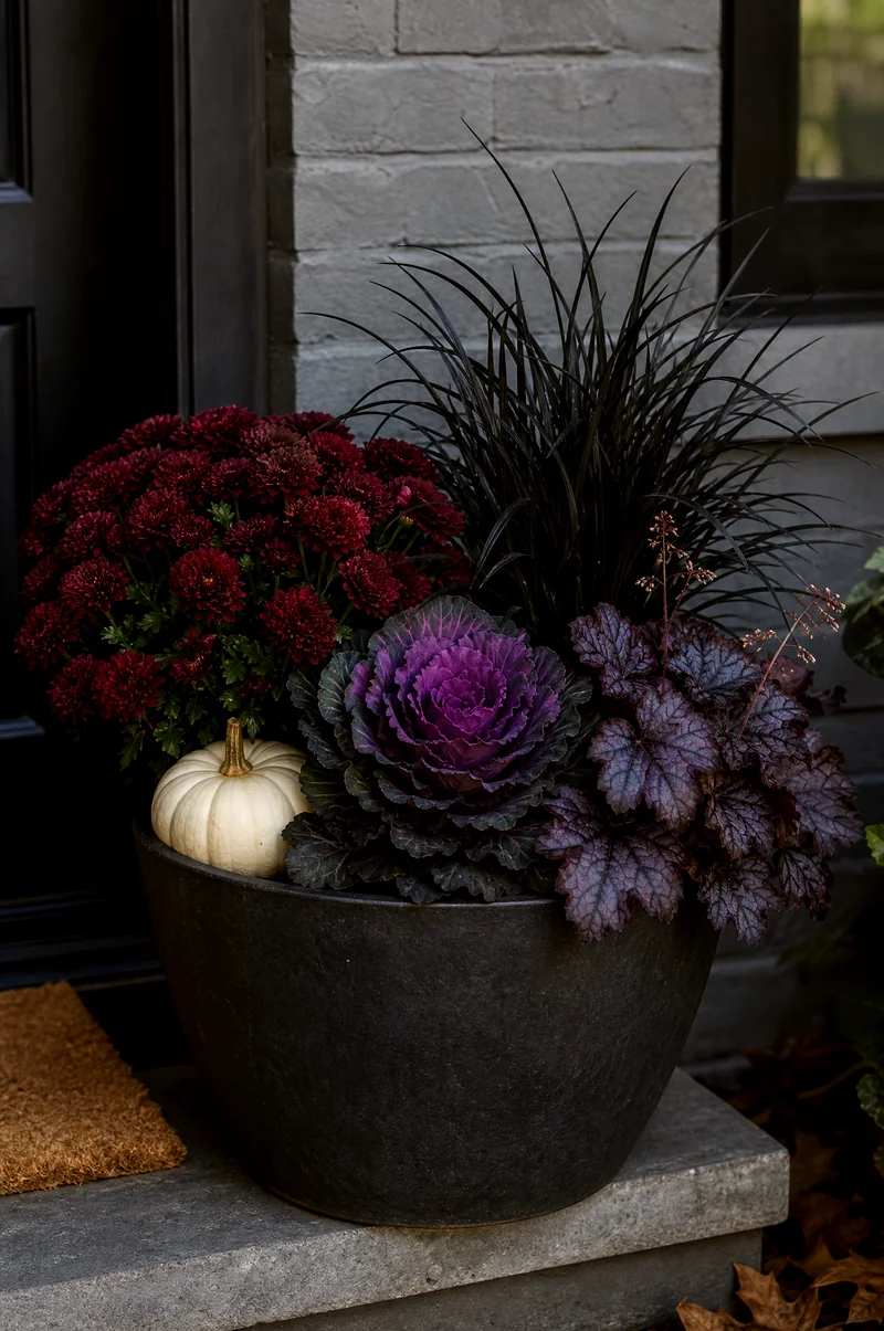 Dark and Moody Fall Container Black mondo grass, burgundy mums, purple cabbage, dark heuchera, and a pale pumpkin in a charcoal pot