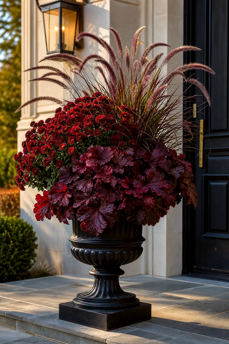 Crimson mums, burgundy heuchera, and purple fountain grass in a black urn