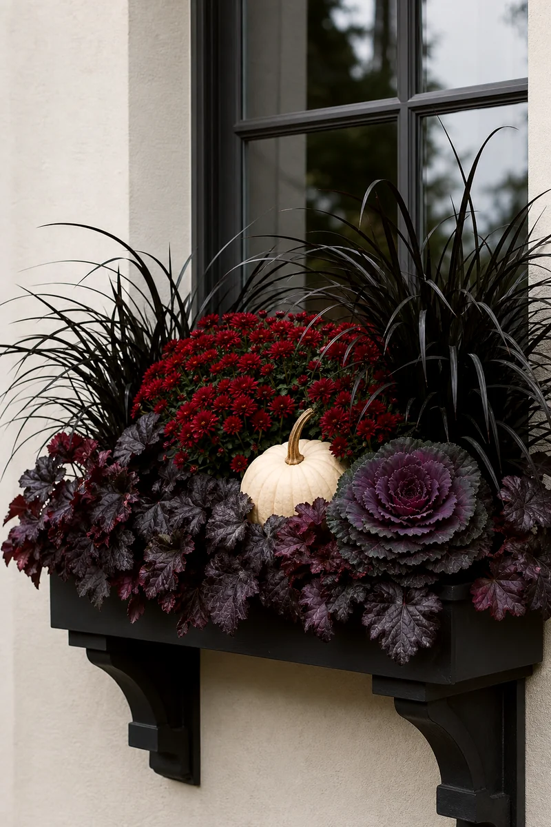 Dramatic Dark Fall Window Box Black mondo grass, deep red mums, dark heuchera, purple cabbage, and a pale pumpkin in a moody window box