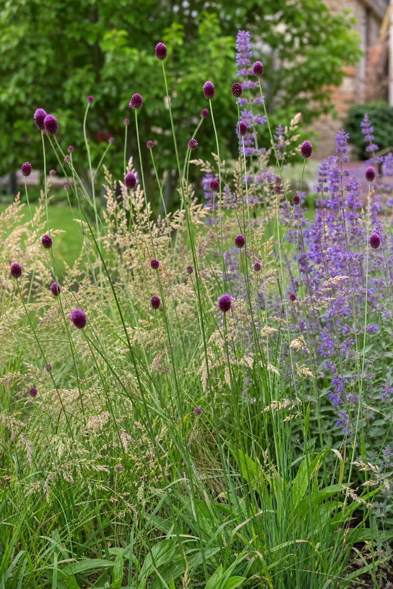 Purple drumstick alliums rising through grasses and salvia in a border
