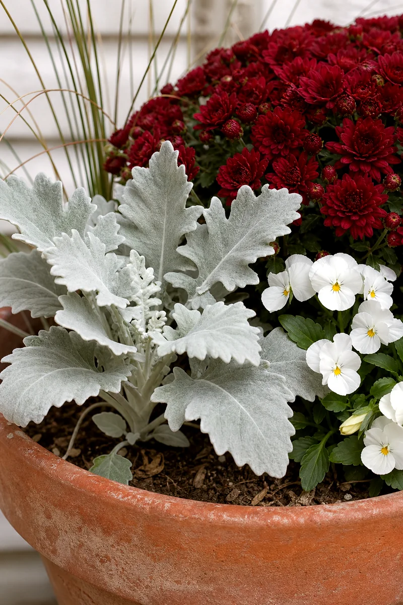 Dusty Miller Adding Silver Contrast Silver-gray Dusty Miller leaves beside burgundy mums and white pansies in a fall pot