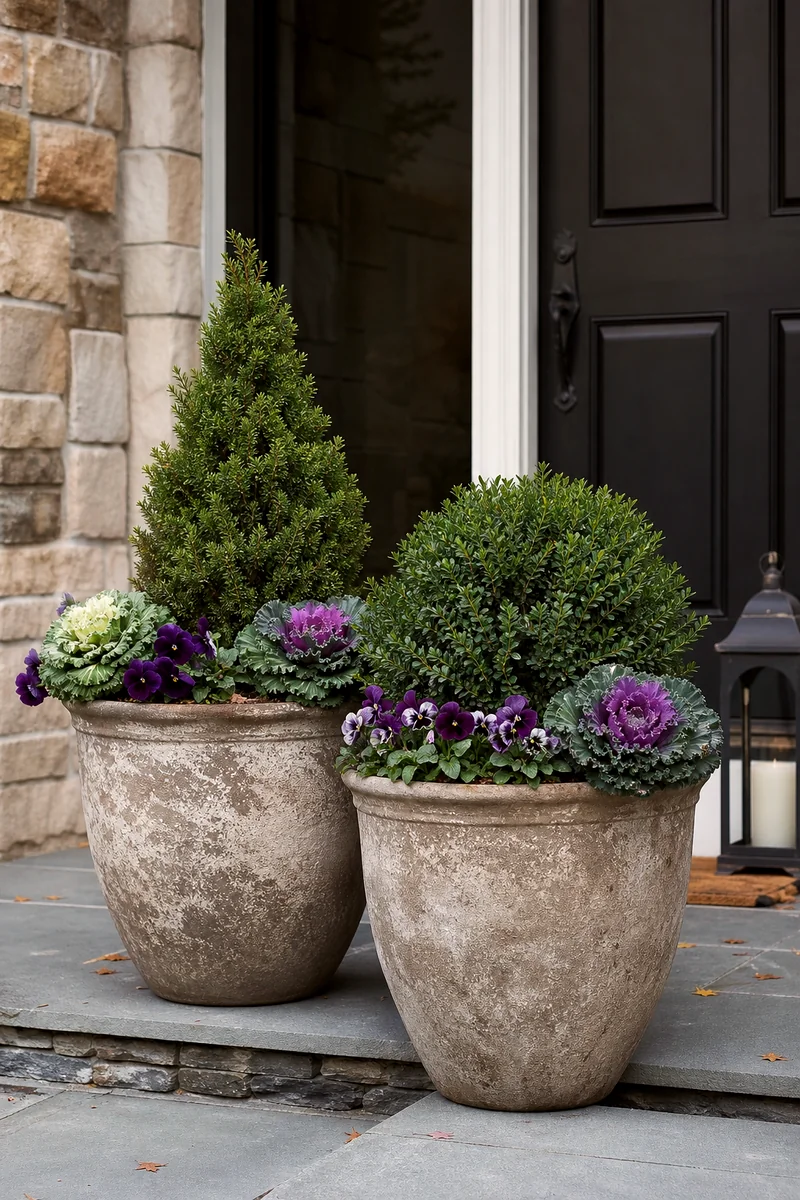 Dwarf Evergreen Shrubs in Winter-Ready Planters Small boxwood and dwarf conifer in large entry planters with fall annuals at the base