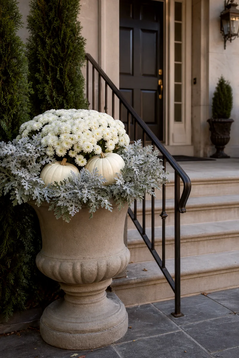White chrysanthemums, silver dusty miller, and white pumpkins in a classical stone urn