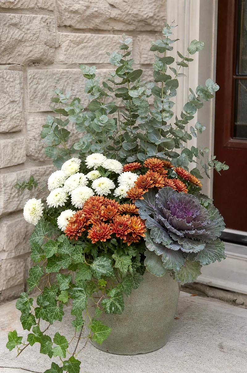 Eucalyptus and Chrysanthemum Fall Container Eucalyptus with bronze and white mums, ornamental kale, and ivy in a fall planter