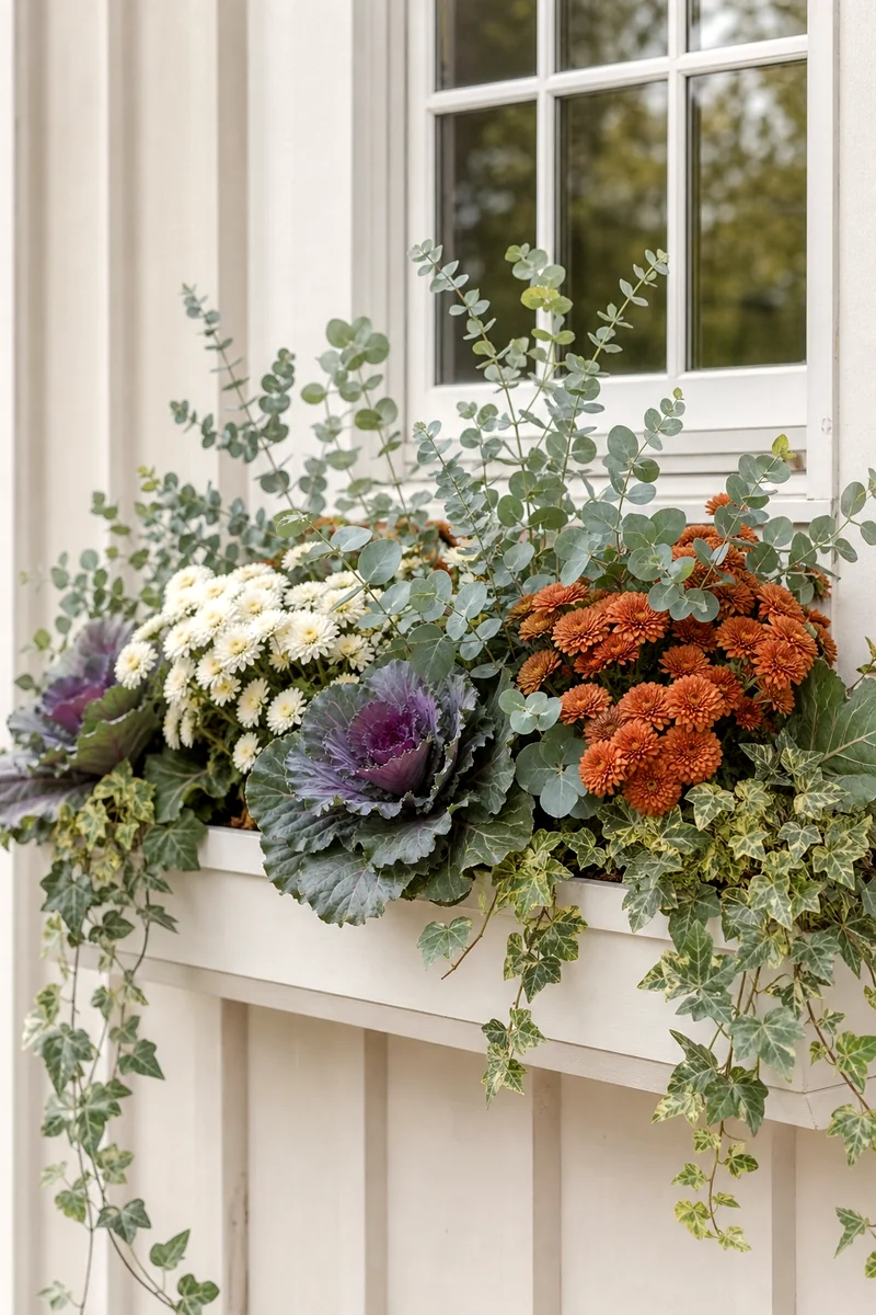 Eucalyptus and Mum Window Box Eucalyptus stems, white and bronze mums, ornamental kale, and trailing ivy in a fall window box