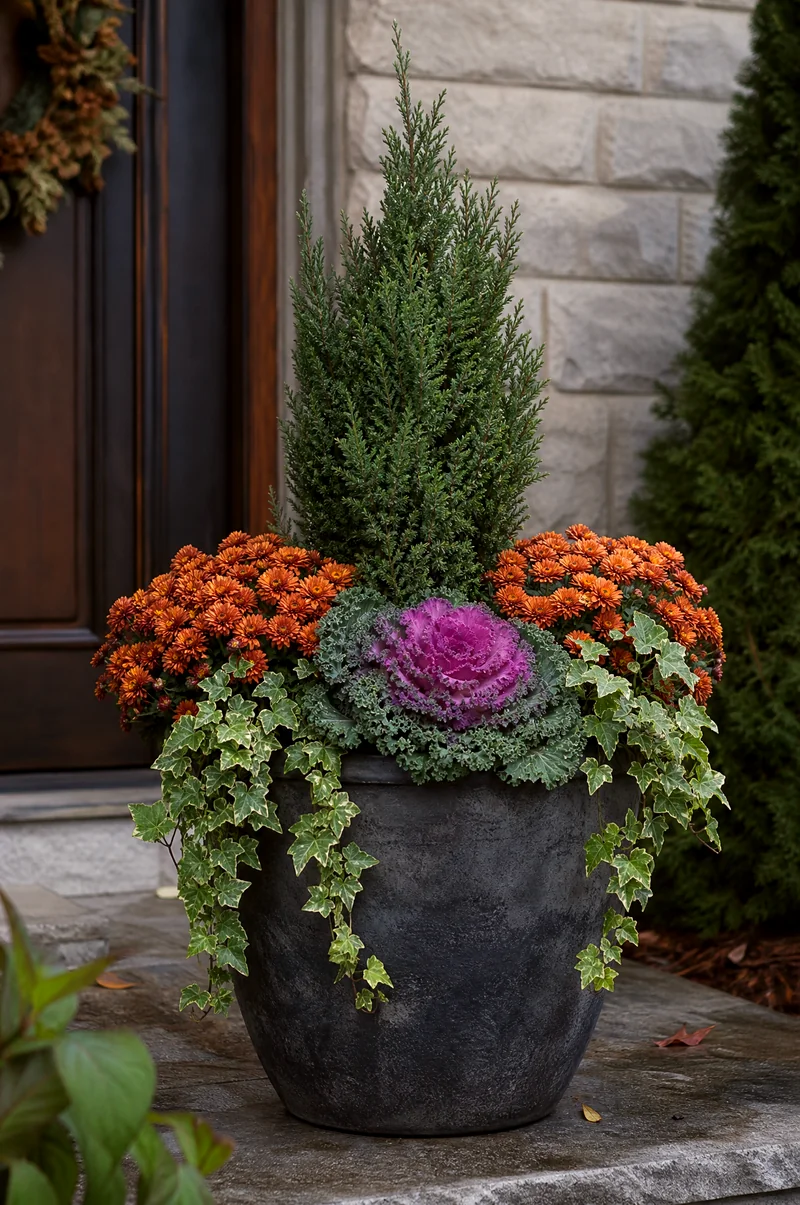 Evergreen and Mum Transition Container Dwarf conifer with chrysanthemums, ornamental cabbage, and ivy in a fall container