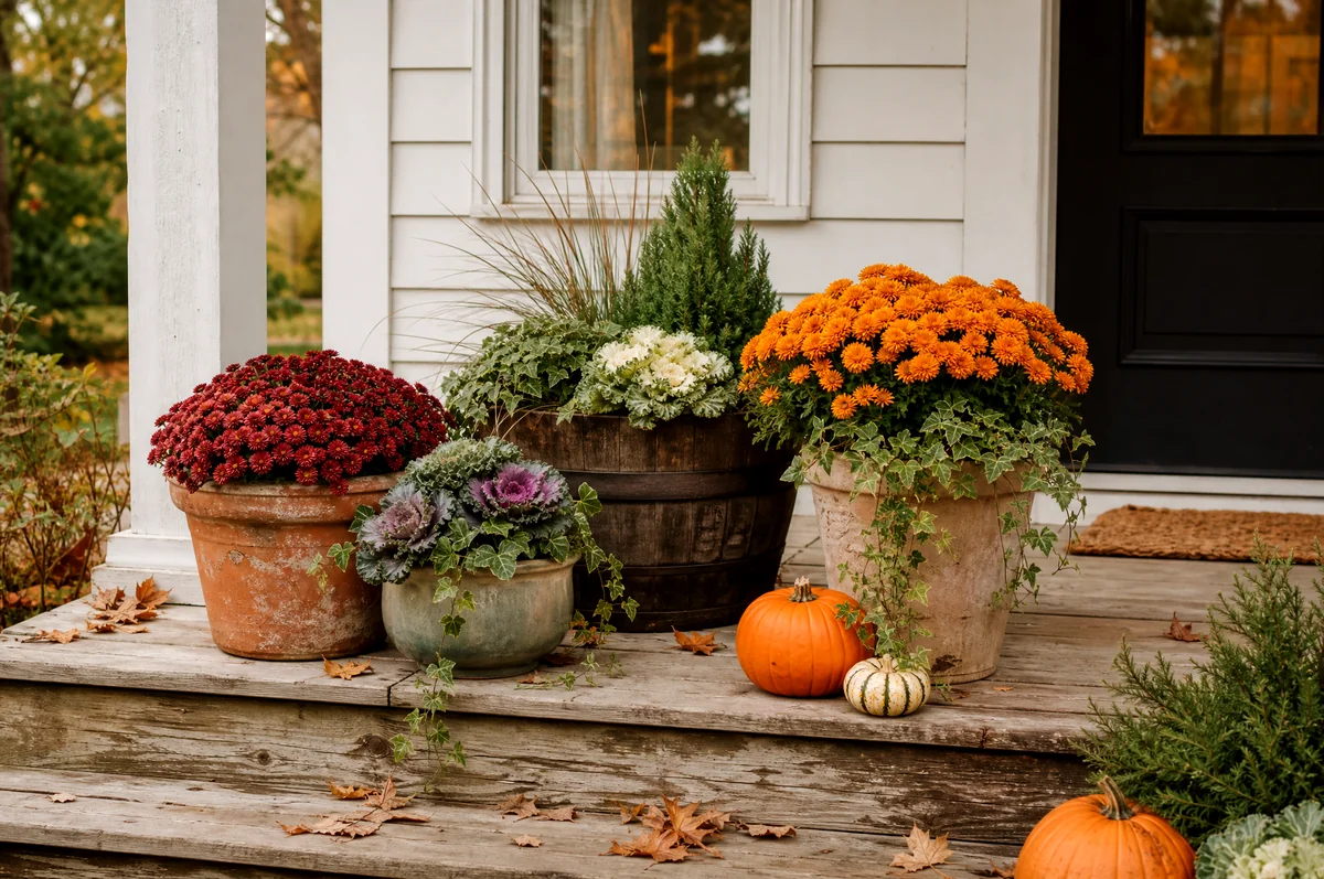 Autumn porch with mums, ornamental kale, grasses, ivy, pumpkins, and evergreen containers