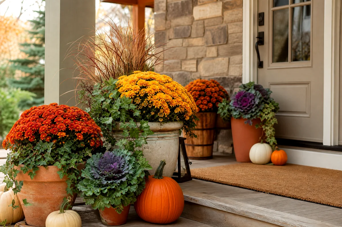 Assorted fall mum planters with pumpkins, kale, ivy, and grasses on a porch