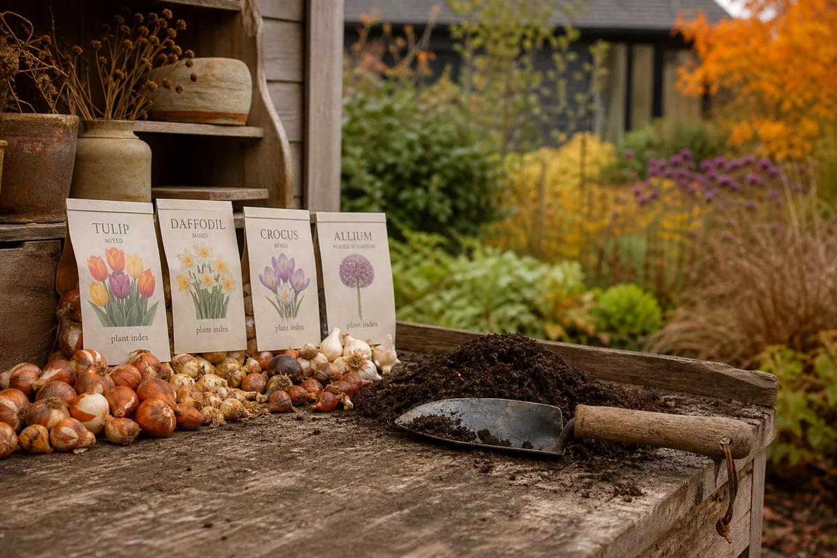 Assorted spring bulbs on a rustic potting bench with a trowel and compost