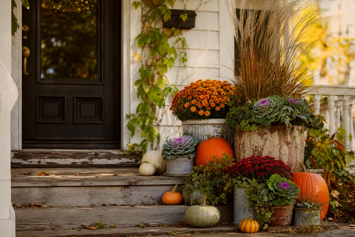 Front porch with fall planters filled with mums, kale, pumpkins, grasses, and trailing greenery