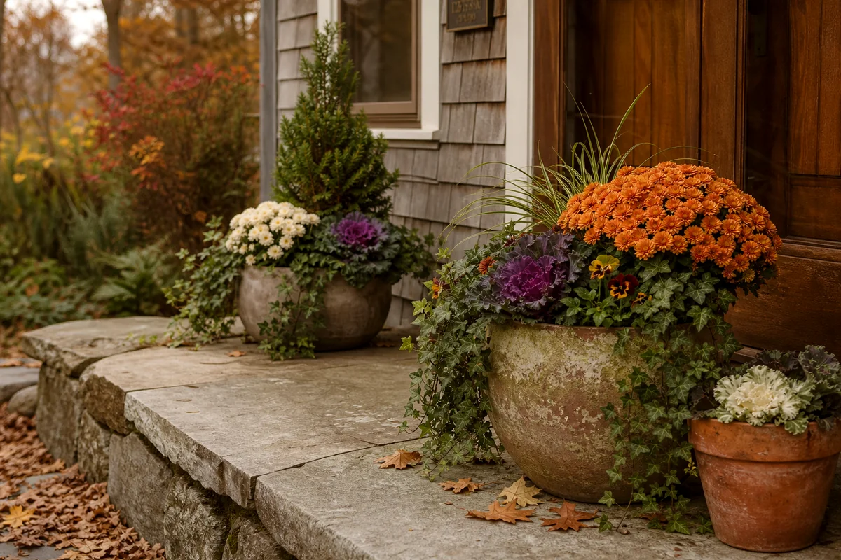 Front porch planters filled with mums, ornamental kale, pansies, ivy, carex, and a small evergreen