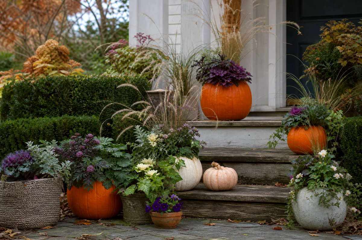 Assorted fall containers with pumpkins, grasses, kale, ivy, herbs, and cool-season flowers on a rustic porch