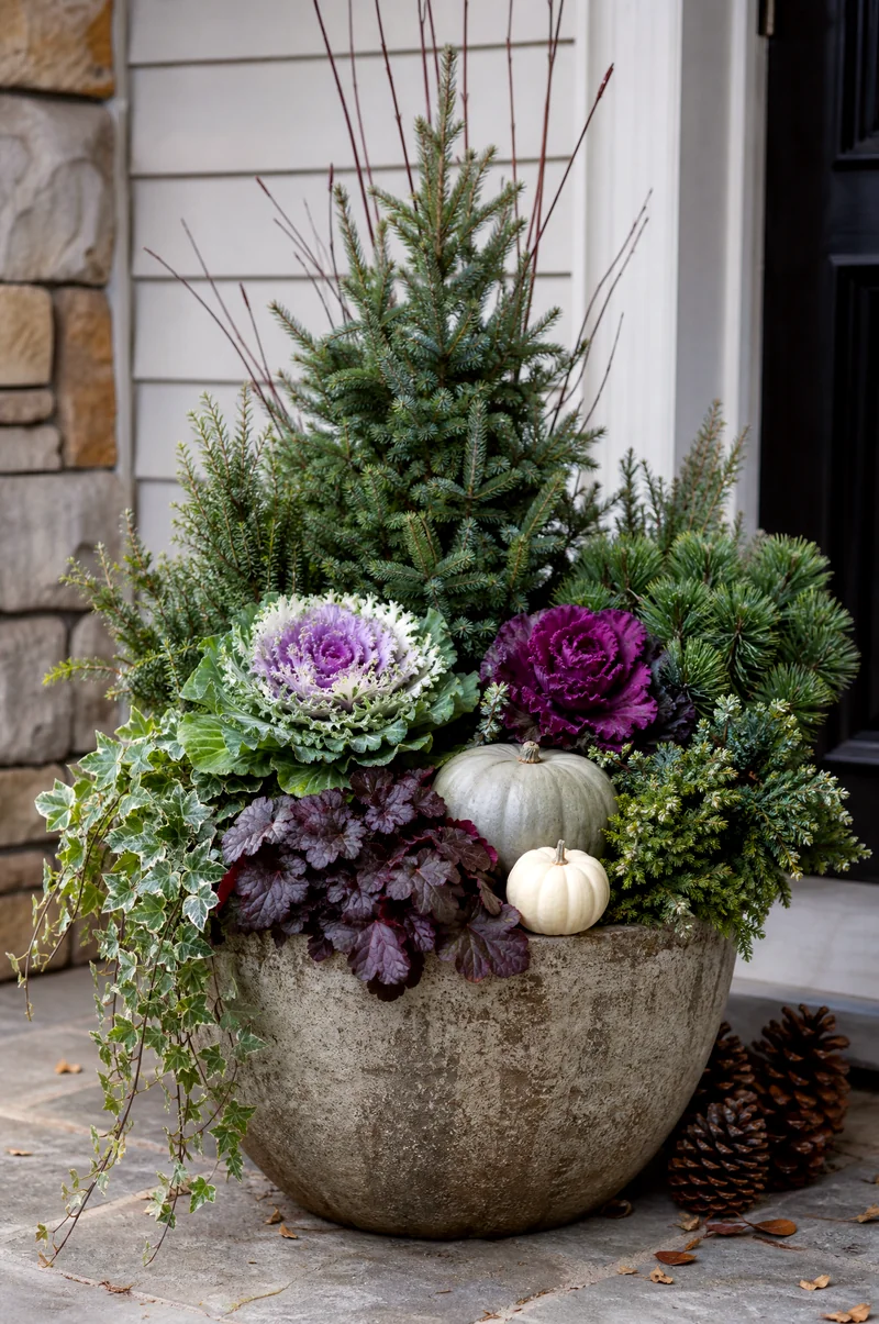 Fall-to-Winter Container Garden Dwarf evergreens, ornamental cabbage, heuchera, ivy, and pumpkins in a sturdy seasonal planter