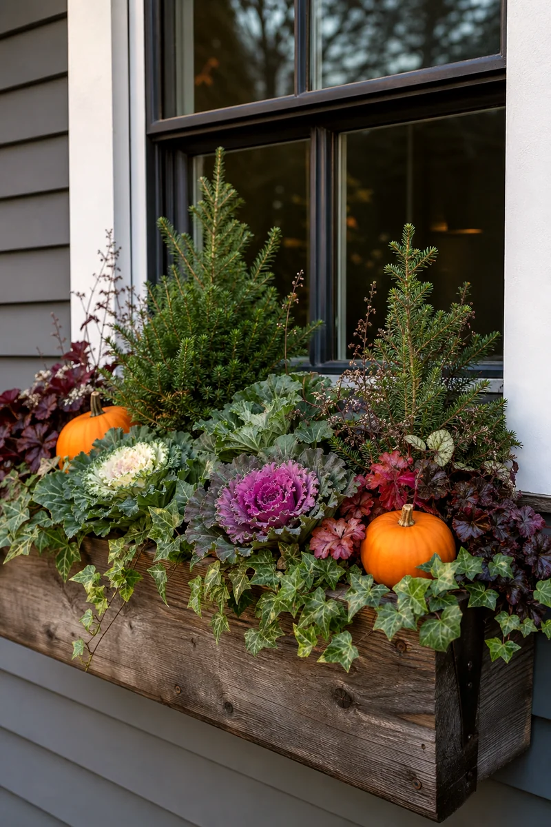 Fall-to-Winter Transition Window Box Dwarf evergreens, ornamental cabbage, ivy, heuchera, and pumpkins in a transition window box