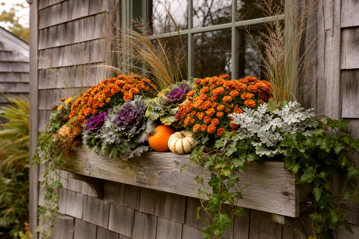 Autumn window box with mums, kale, ivy, grasses, and mini pumpkins on a weathered exterior