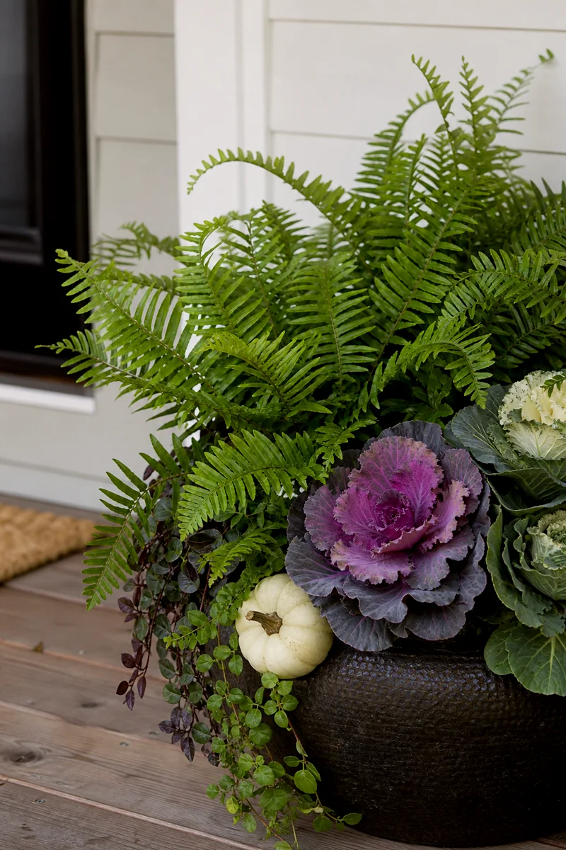 Ferns Adding Lush Texture in Cool Shade Green fern fronds in a shaded fall planter with ornamental cabbage and a pale pumpkin