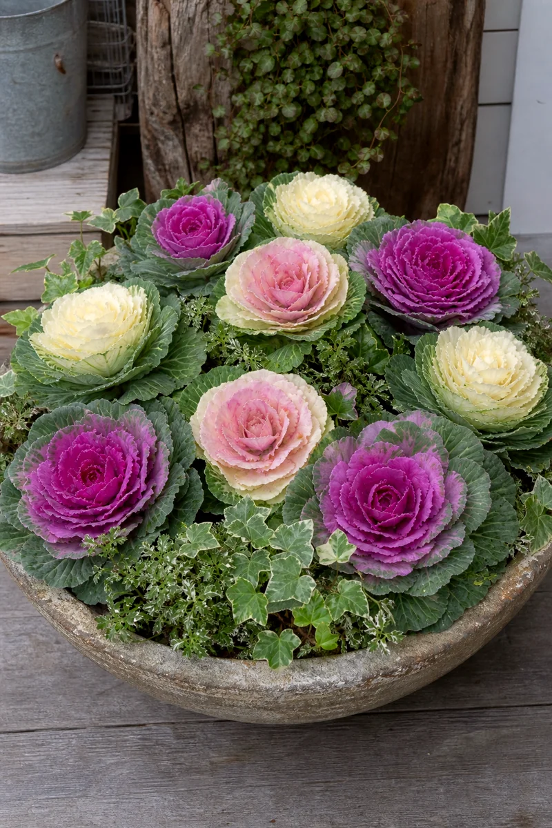 Mixed Flowering Cabbage Rosettes in a Bowl Planter Wide fall planter filled with green, cream, pink, and purple flowering cabbage rosettes