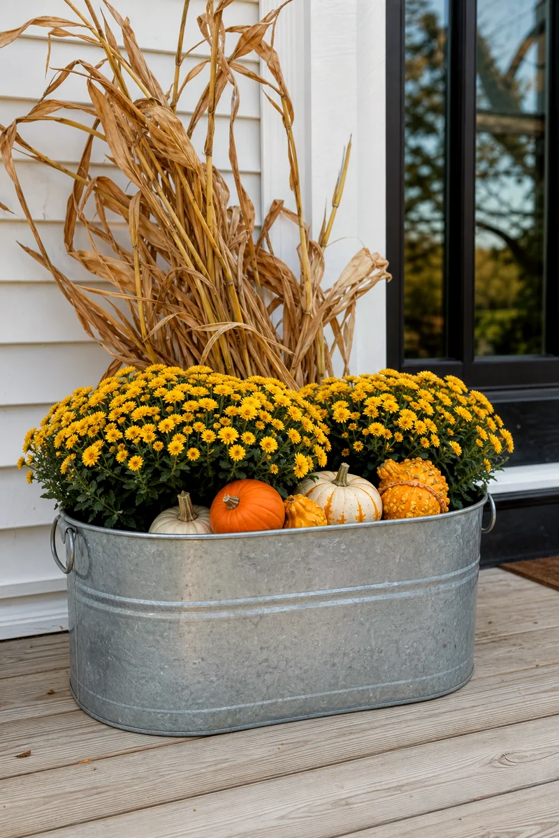 Galvanized tub planter with yellow mums, mini pumpkins, and dried cornstalks