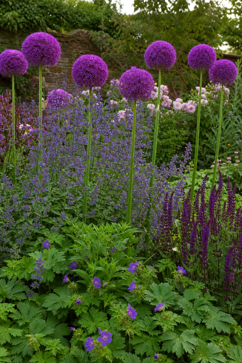 Tall purple allium globes rising above catmint and salvia in a border