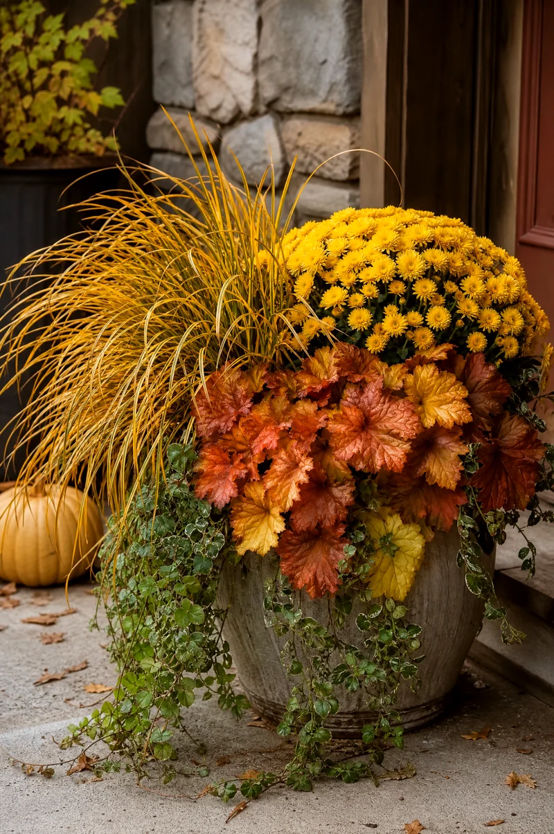 Golden Grass Fall Container Golden carex, yellow chrysanthemums, bronze heuchera, and trailing greenery in a fall pot