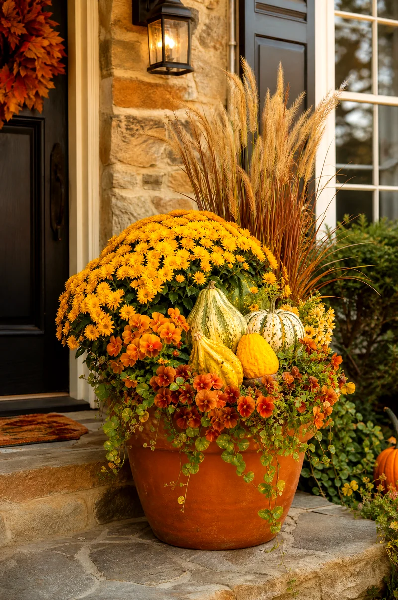 Golden Harvest Container Garden Yellow mums, golden grasses, orange pansies, and gourds in a warm fall container
