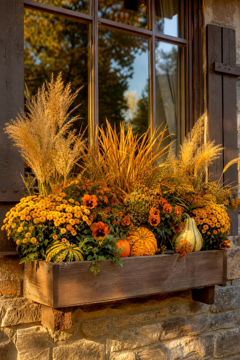 Golden Harvest Window Box Yellow mums, golden grasses, orange pansies, and small gourds in a warm fall window box
