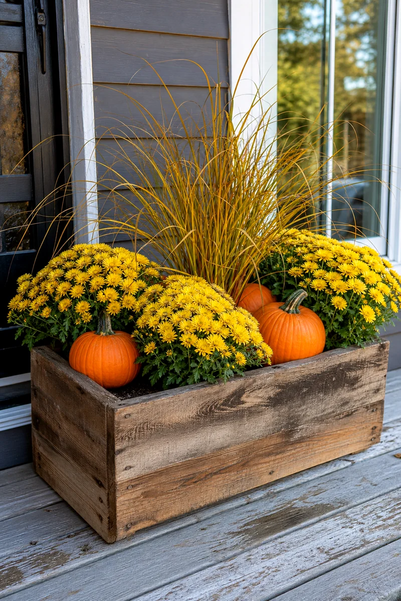 Yellow mums, golden sedge grass, and orange pumpkins in a rustic wooden planter
