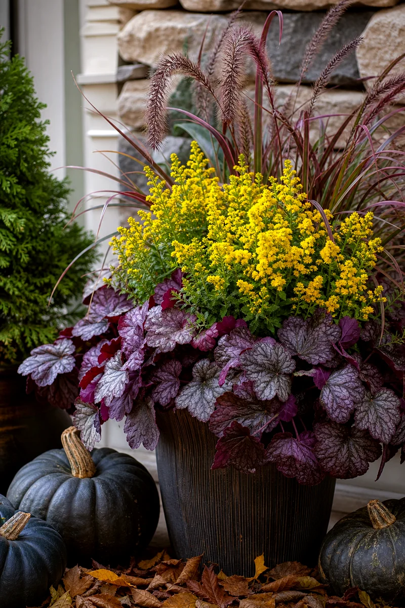 Goldenrod as a Yellow Fall Container Accent Compact goldenrod with yellow flower clusters paired with burgundy grass and purple heuchera