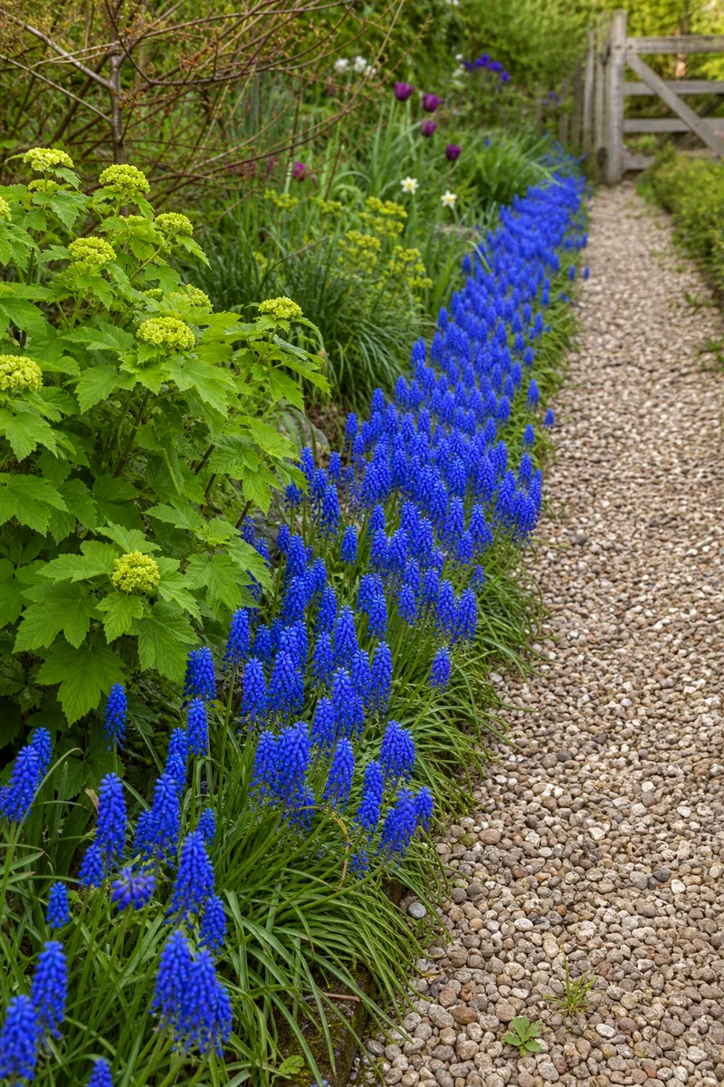 Blue grape hyacinths edging a gravel garden path in spring