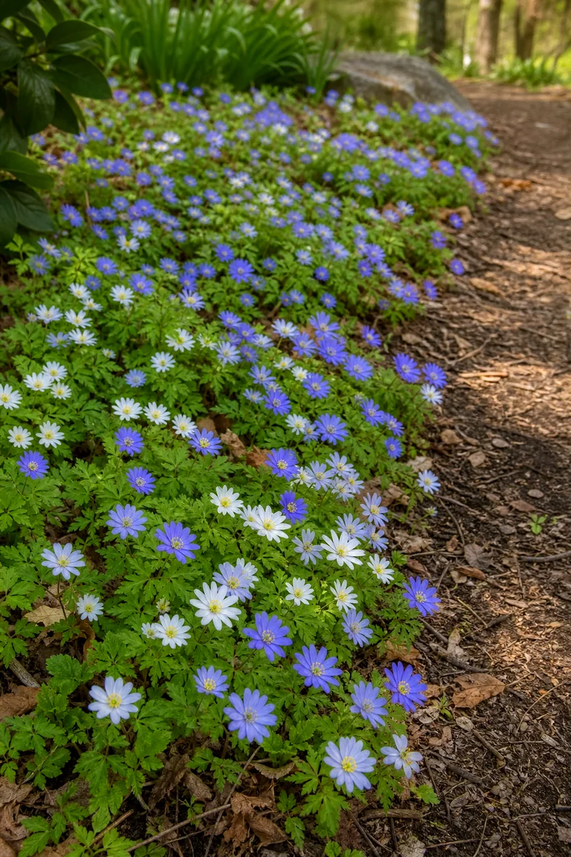 Blue and white Grecian windflowers spreading along a path edge