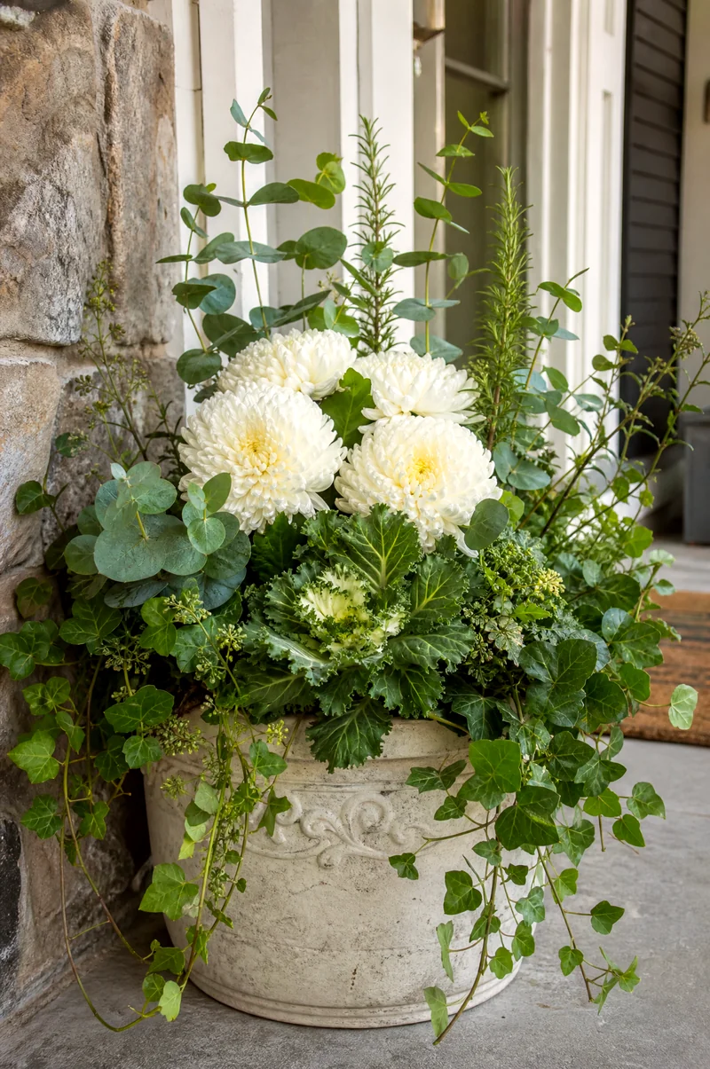Green and White Mum Planter Creamy-white mums with ornamental kale, rosemary, ivy, and eucalyptus
