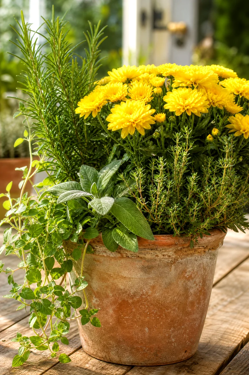 Herb and Yellow Mum Planter Yellow mums with rosemary, sage, thyme, and trailing oregano in a sunny container