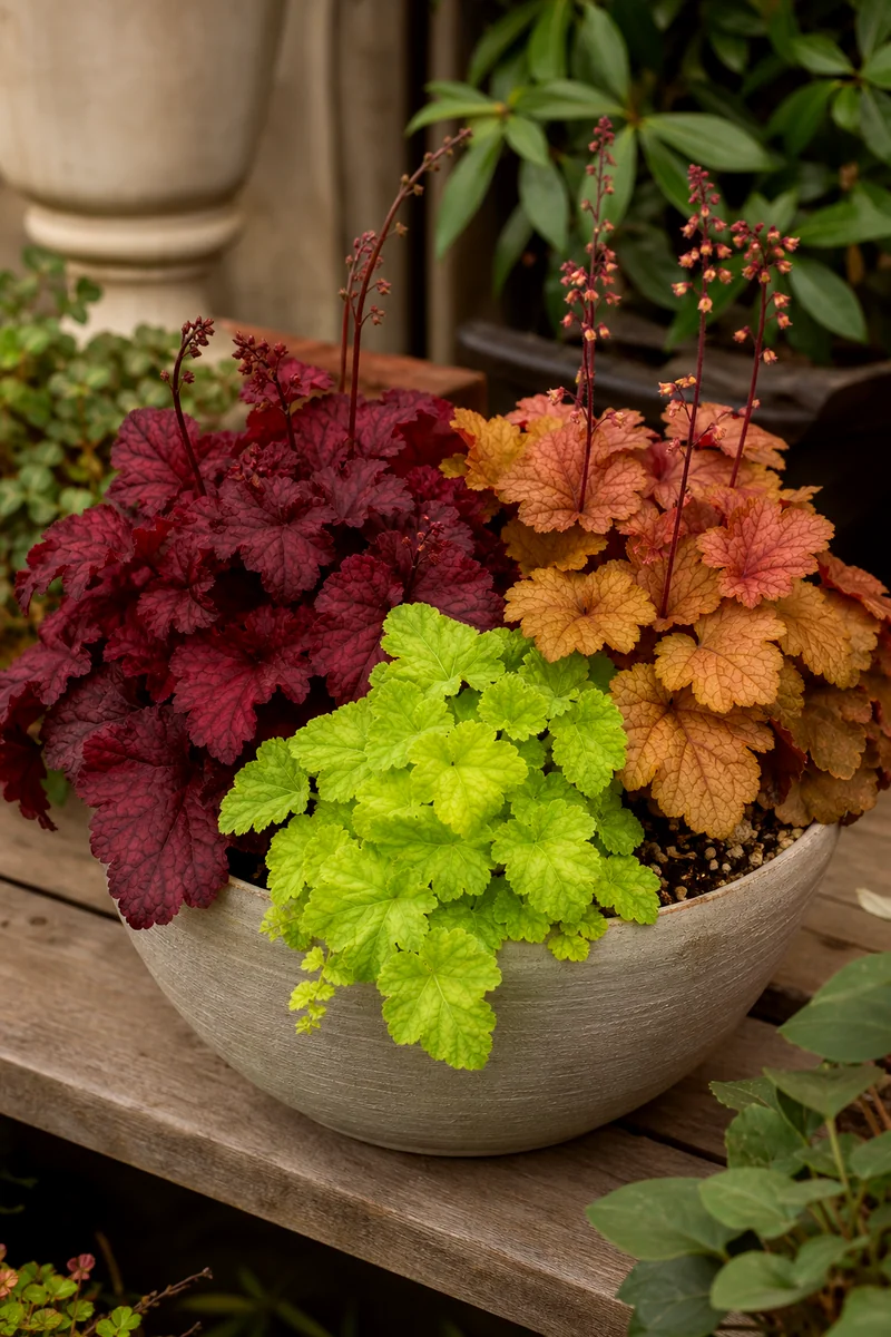 Colorful Heuchera Foliage in Fall Pots Burgundy, caramel, and lime heuchera leaves growing in patio containers