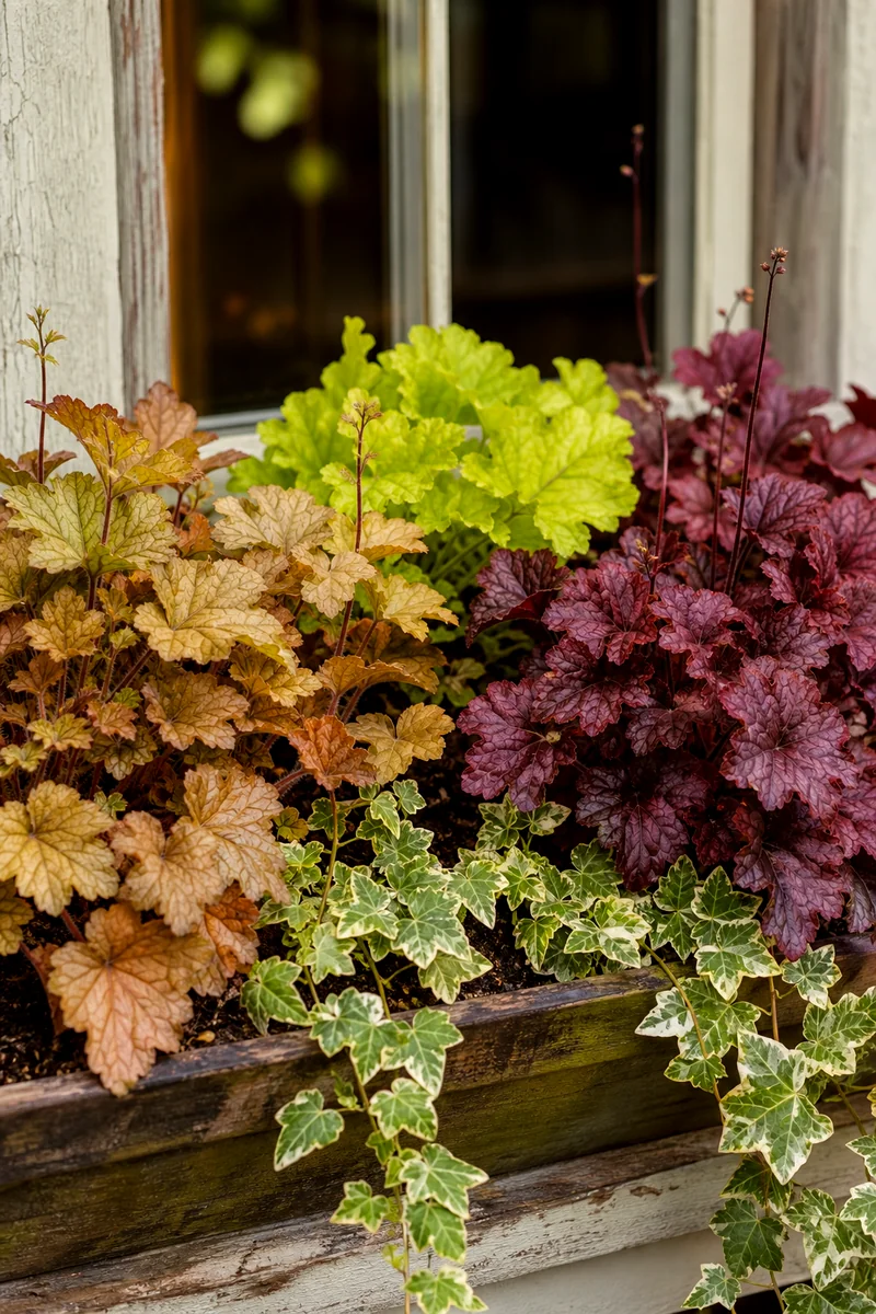 Heuchera Foliage Window Box Caramel, burgundy, and lime heuchera with trailing ivy in a foliage window box