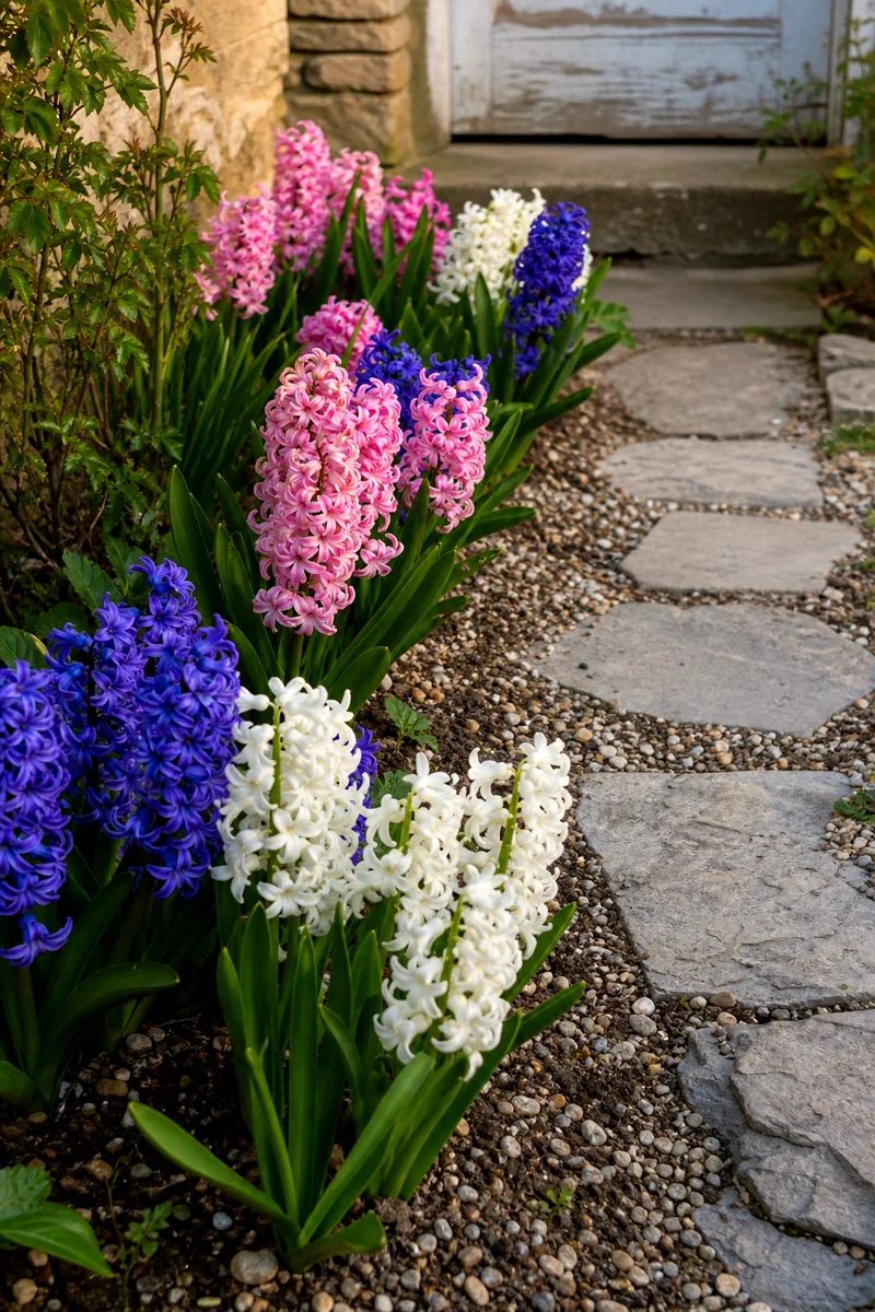 Pink, blue, and white hyacinths blooming beside a stone path