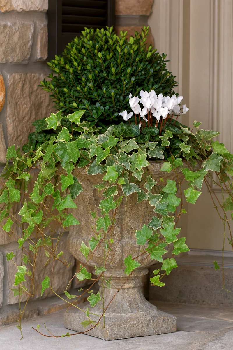 Ivy Trailing From a Fall Planter Edge Evergreen ivy trailing over a stone fall planter with cyclamen and boxwood