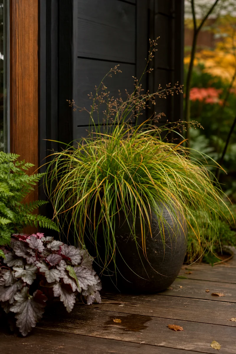 Japanese Forest Grass in a Shaded Fall Pot Golden Japanese forest grass arching over the edge of a shaded porch planter