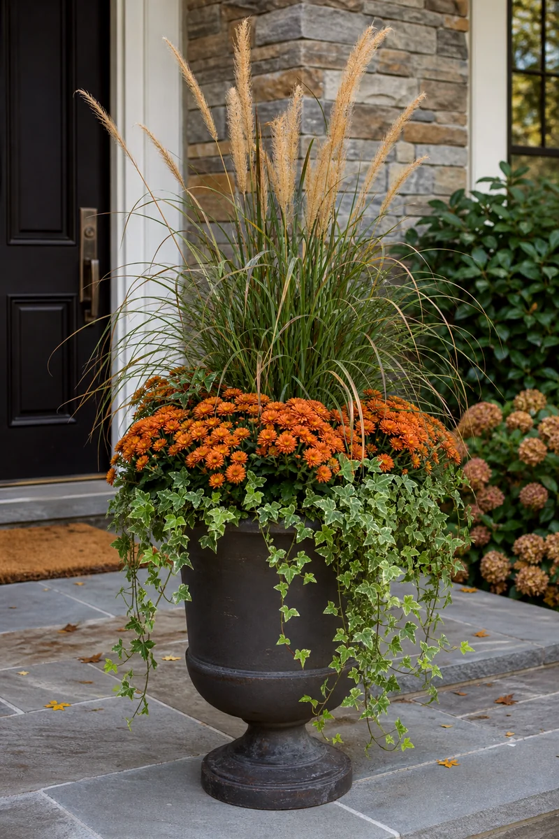 Tall fountain grass, orange mums, and cascading ivy arranged in a fall urn