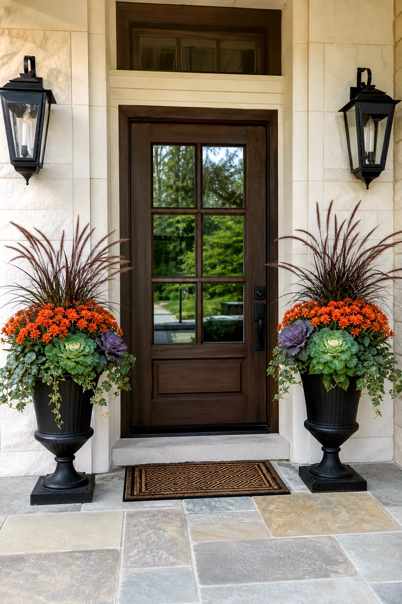 Matching front door urns with orange mums, fountain grass, cabbage, and trailing greenery