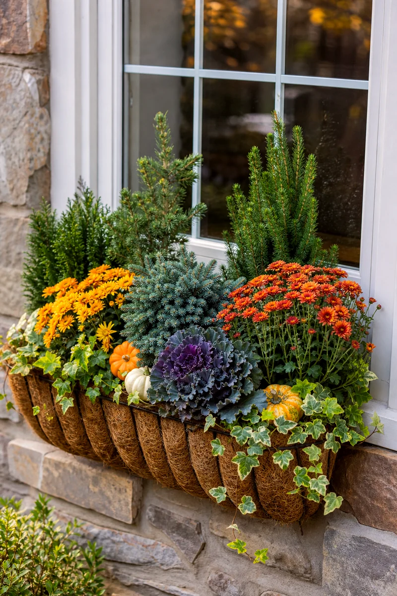 Mini Evergreen Fall Window Box Small conifers, mums, ornamental cabbage, and pumpkins in a fall window box