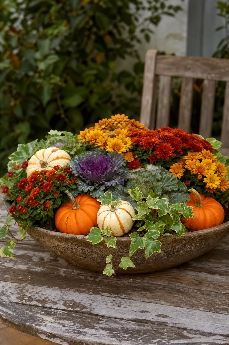 Mini Pumpkin Container Garden Shallow planter with compact mums, ivy, ornamental cabbage, and mini pumpkins