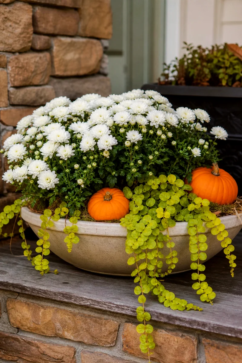 White mums, mini orange pumpkins, and creeping Jenny in a wide shallow planter