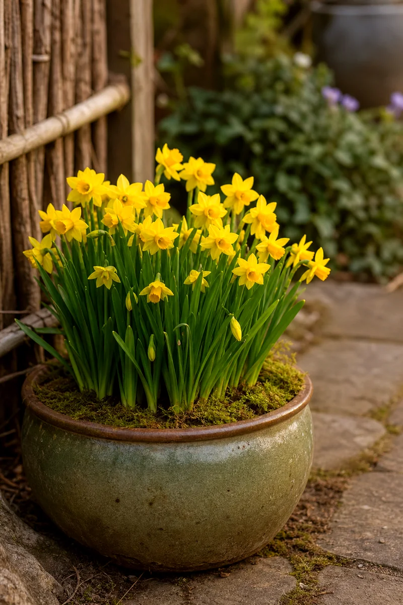 Compact yellow miniature daffodils blooming in a planter beside a path