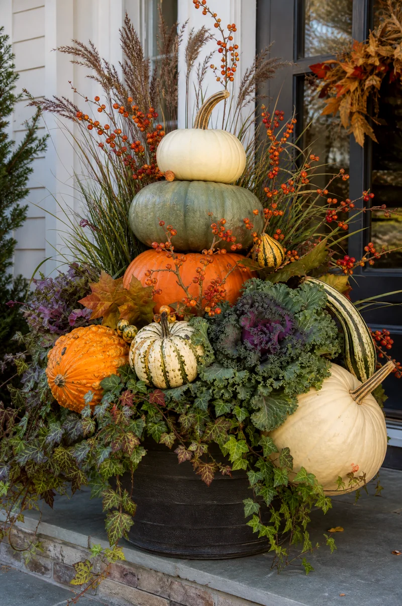 Mixed Pumpkin Harvest Planter Large harvest planter with mixed pumpkins, grasses, kale, ivy, gourds, and berry branches