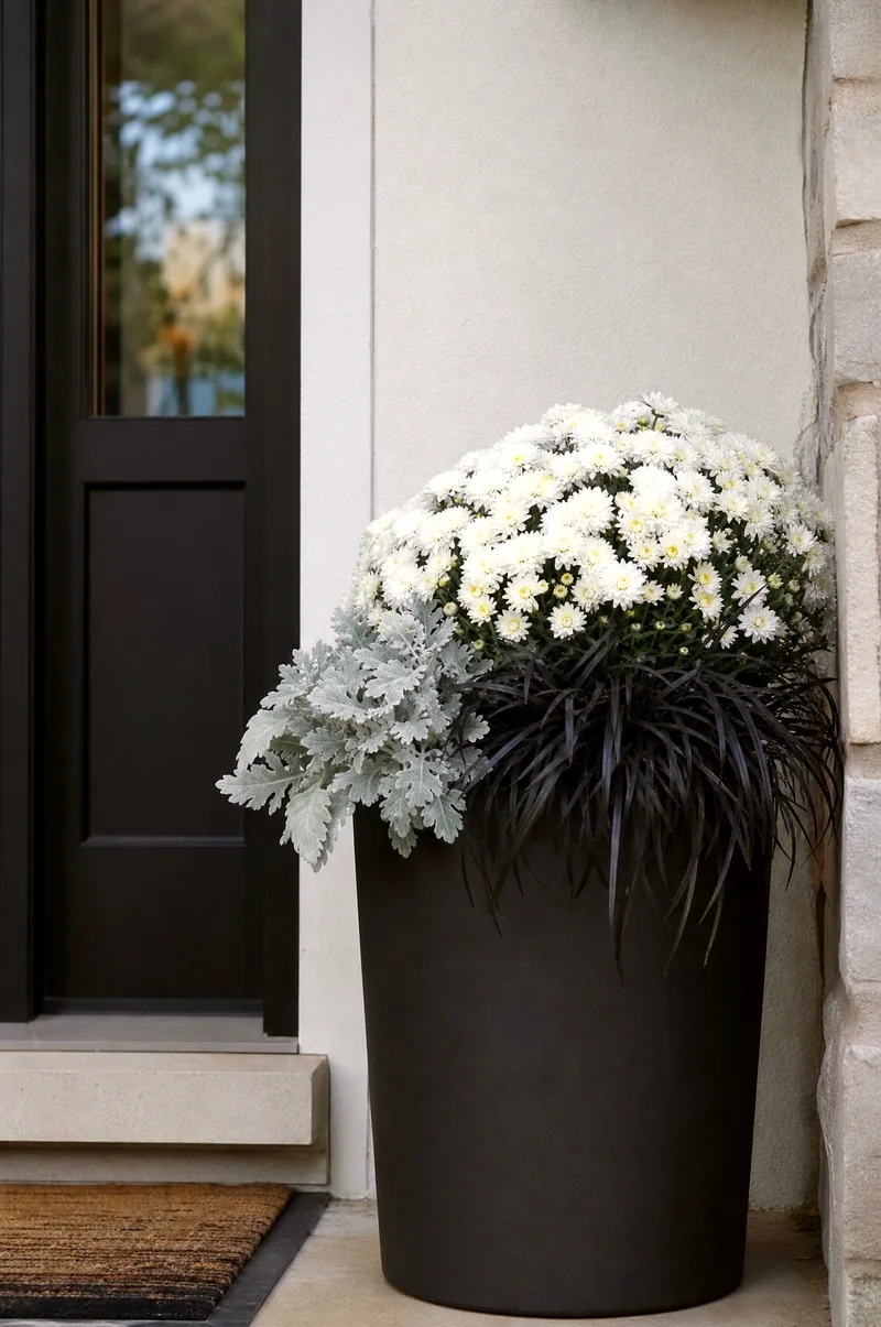 Modern Black Fall Container Matte black planter with white mums, black mondo grass, and dusty miller