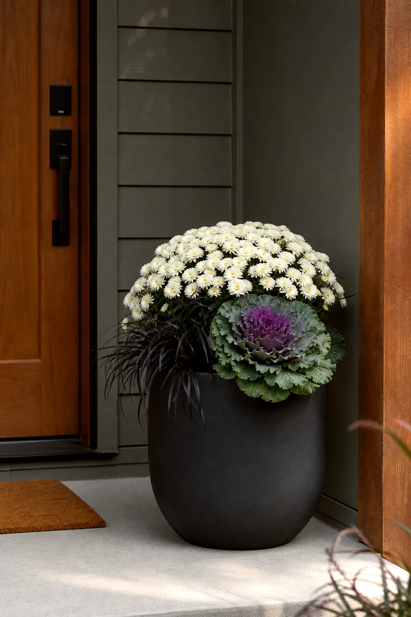White mums, ornamental kale, and black mondo grass in a matte black planter