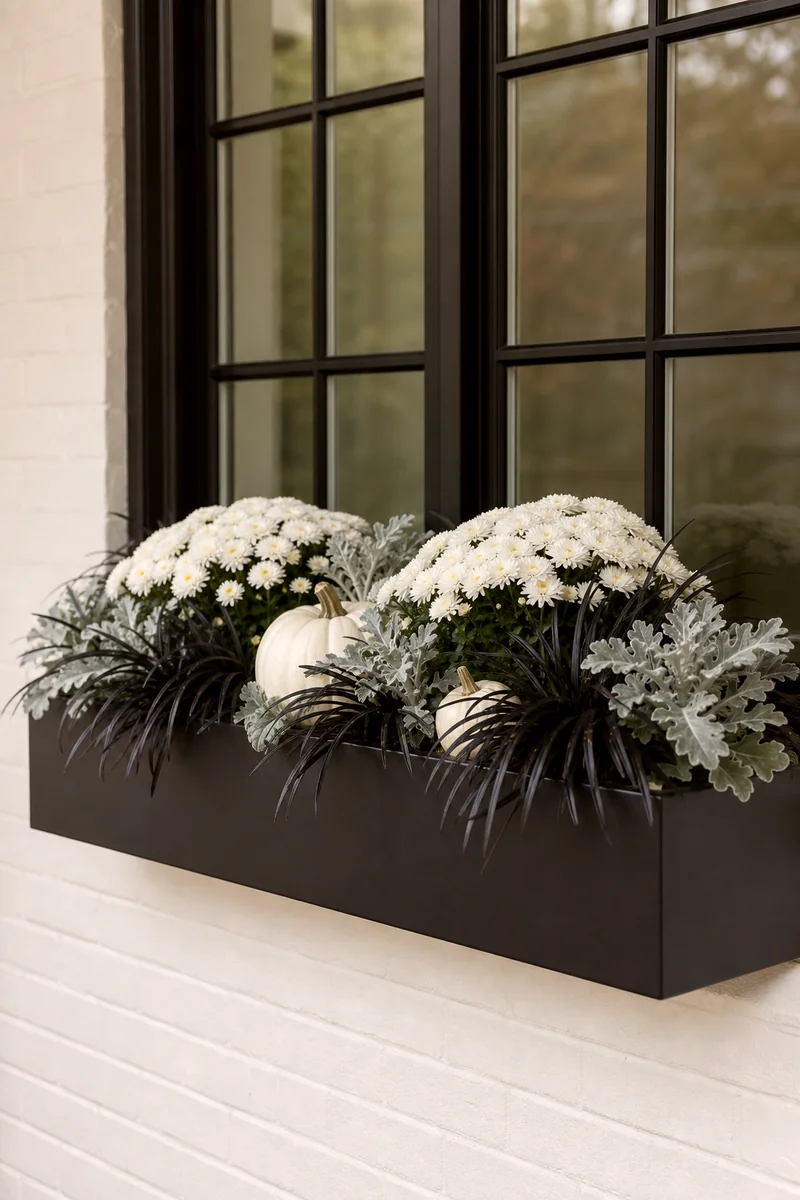 Modern Black and White Window Box White mums, black mondo grass, dusty miller, and white pumpkins in a modern window box