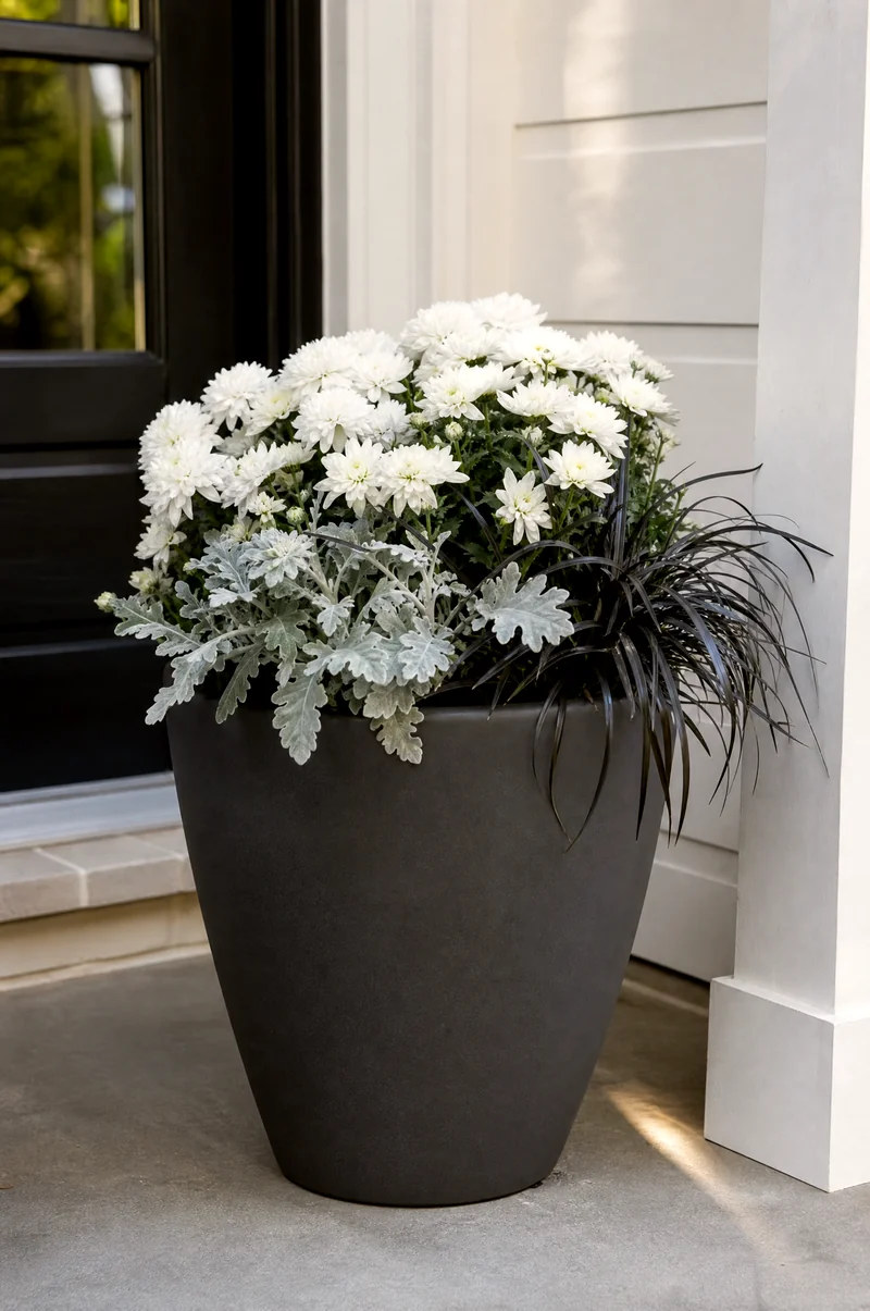 Modern Monochrome White Mum Planter White mums with dusty miller and black mondo grass in a charcoal planter