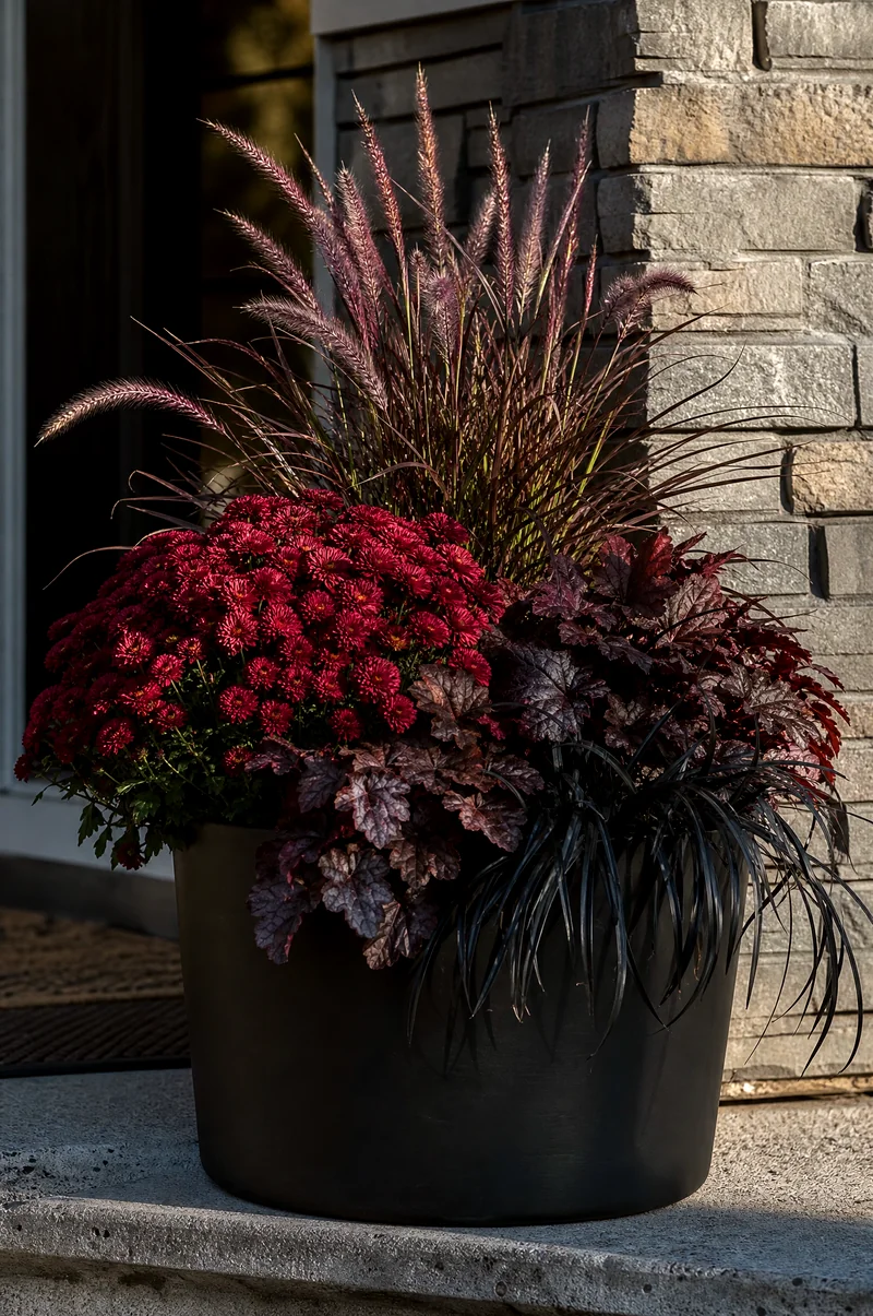 Moody Black Pot Mum Planter Wine-red mums with purple fountain grass and dark foliage in a matte black pot
